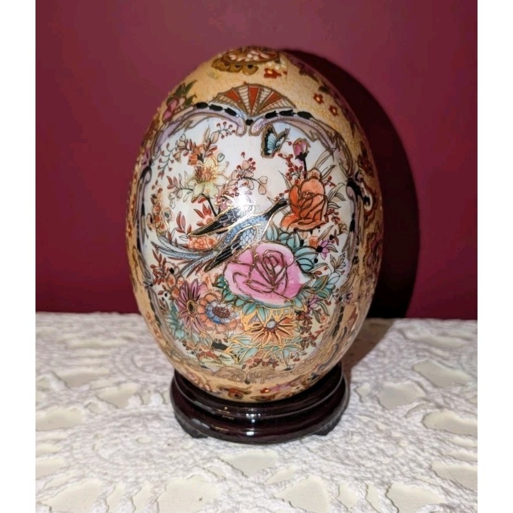 6" Gorgeous VTG Hand Created Japanese Satsuma Egg With Peacock & Gold Accents‎